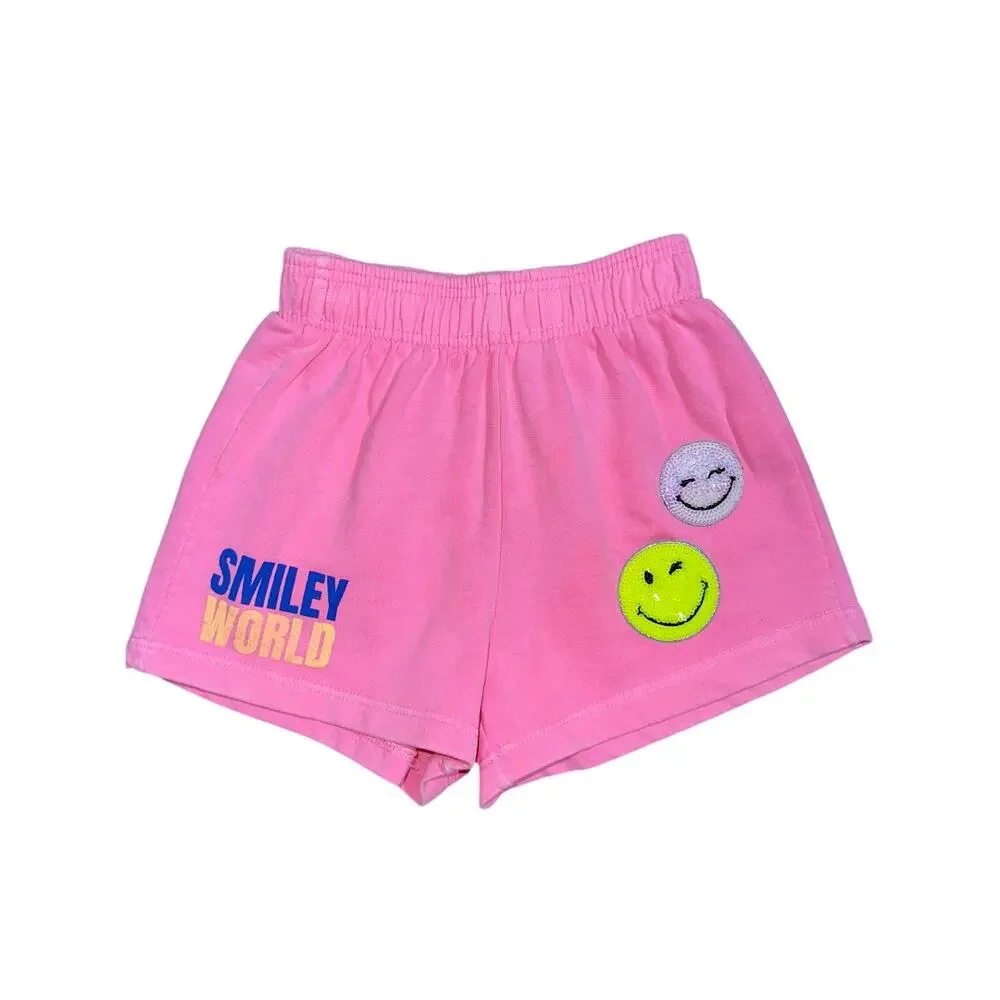 Zara Kids x Smiley World Neon Pink Sequin Smiley Face Cotton Shorts Size 6